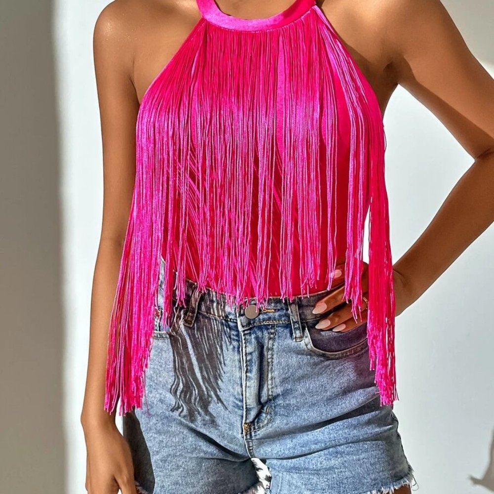 Glamorous Hot Pink Fringe Halter Cami top - Picture 6 of 6